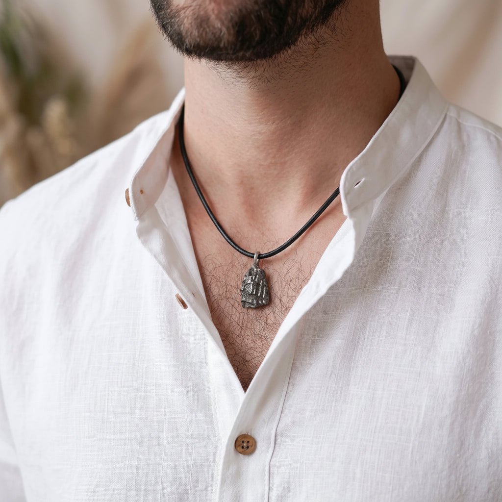 Mean wearing a 925 sterling silver oxidised pendant with the texture from a conch shell. Design by Inês Almeida