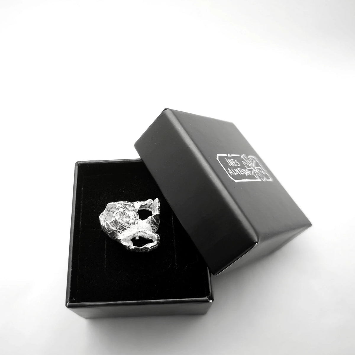 925 sterling silver pendant with the texture from barnacles in a jewellery black box. Design by Inês Almeida